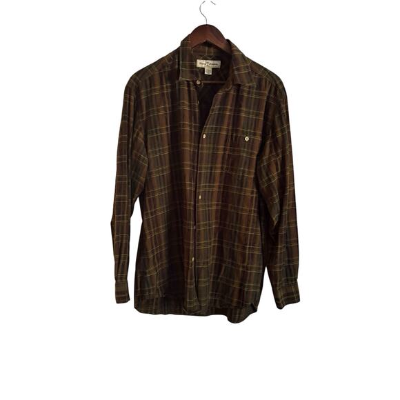 Tommy Bahama Men’s Long Sleeve Shirt Size L Brown Green Plaid TENCEL Button Up - Picture 1 of 7
